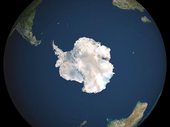 Satellite image of the Earth centered on Antarctica, showing the surrounding Antarctic Ocean.