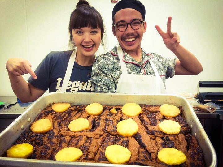 Aubrey and Kale serving up their "Huli Huli Hawaiian Ribs," a blend of pineapple, ginger, garlic, brown sugar, sesame, and other Hawaiian flavors.