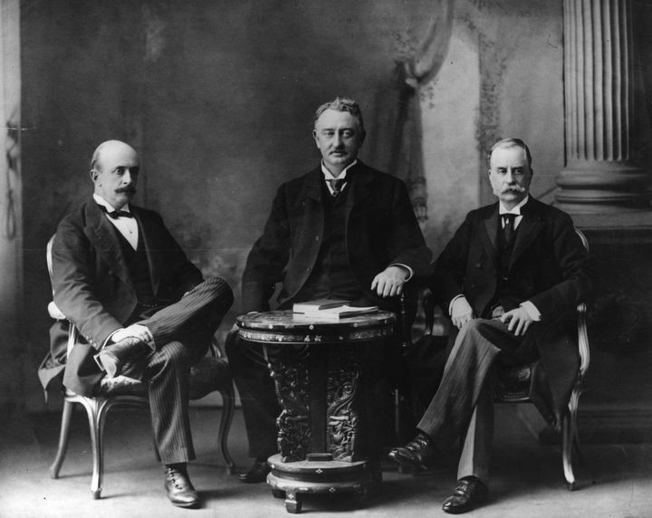 Circa 1895: Cecil Rhodes (1853 - 1892) is seated center, next to James Hamilton, 2nd Duke of Abercorn, and Albert Henry George, 4th Earl Grey.