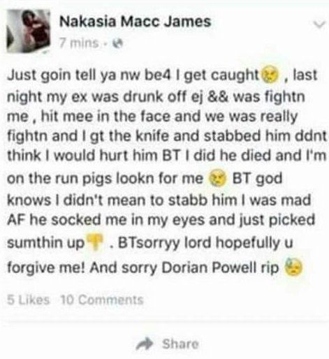 A person with the same name as Nakasia James posted a disturbing status update on Facebook.