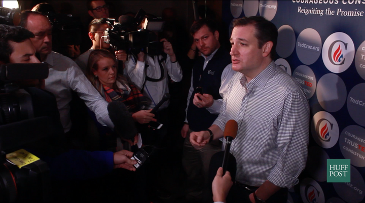 The most interesting bits of news can come from gaggles that candidates do on the campaign trail. Here, Cruz takes questions from reporters at Praise Community Church in Mason City, Iowa