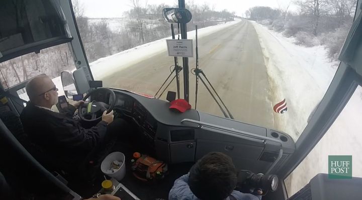 Bus driver Jeff Parris transports reporters from Strawberry Point to Oelwein, Iowa, on Jan. 9, 2016, for a Ted Cruz campaign event.