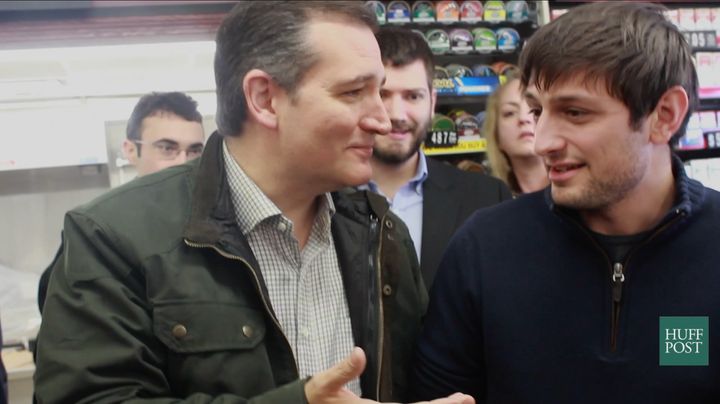 Matt Flegenheimer, a New York Times Reporter, shares a laugh with Sen. Ted Cruz while discussing one of his stories in Manly, Iowa, on Jan. 8, 2016.