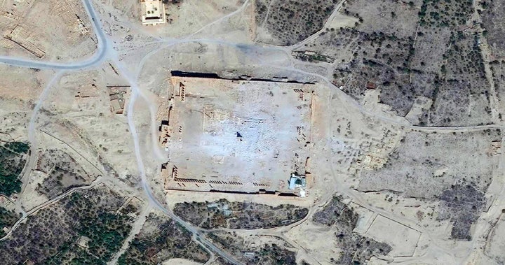 The Islamic State group has since destroyed many of the city's 2,000-year-old monuments. This Sept. 2015 shows an aerial view of the Temple of Baal Shamin after it was destroyed by Islamic State militants.