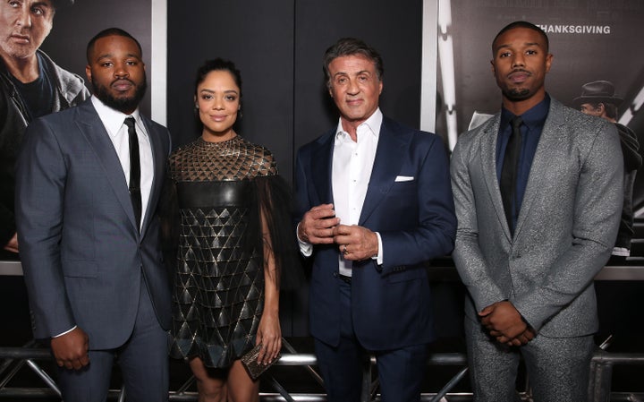 Writer and Director of "Creed" Ryan Coogler and his cast Tessa Thompson, Sylvester Stallone and Michael B. Jordan. Despite the film's positive reviews, only Stallone received an Oscar nomination on Thursday. 