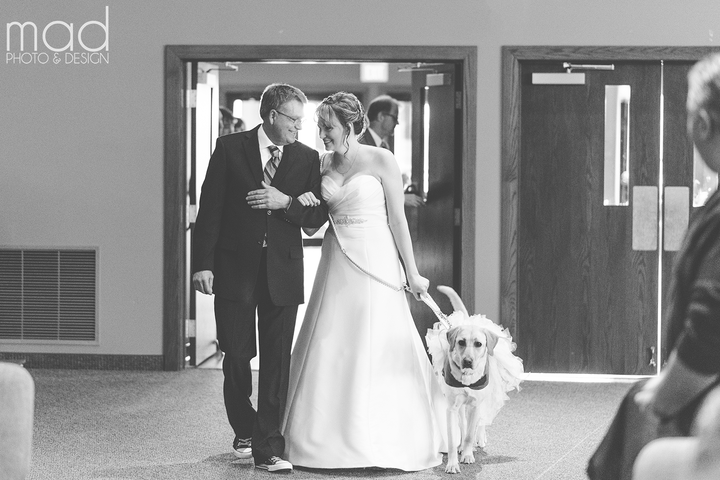 Bella and the bride's dad Kurt walking her down the aisle. 