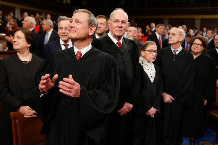 Chief Justice John Roberts, seen here with other members of the Supreme Court, will be a key figure in a case testing the judiciary's independence in foreign affairs.