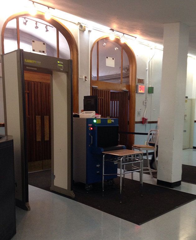 One of two metal detectors at the main entrance of the John Jay building.