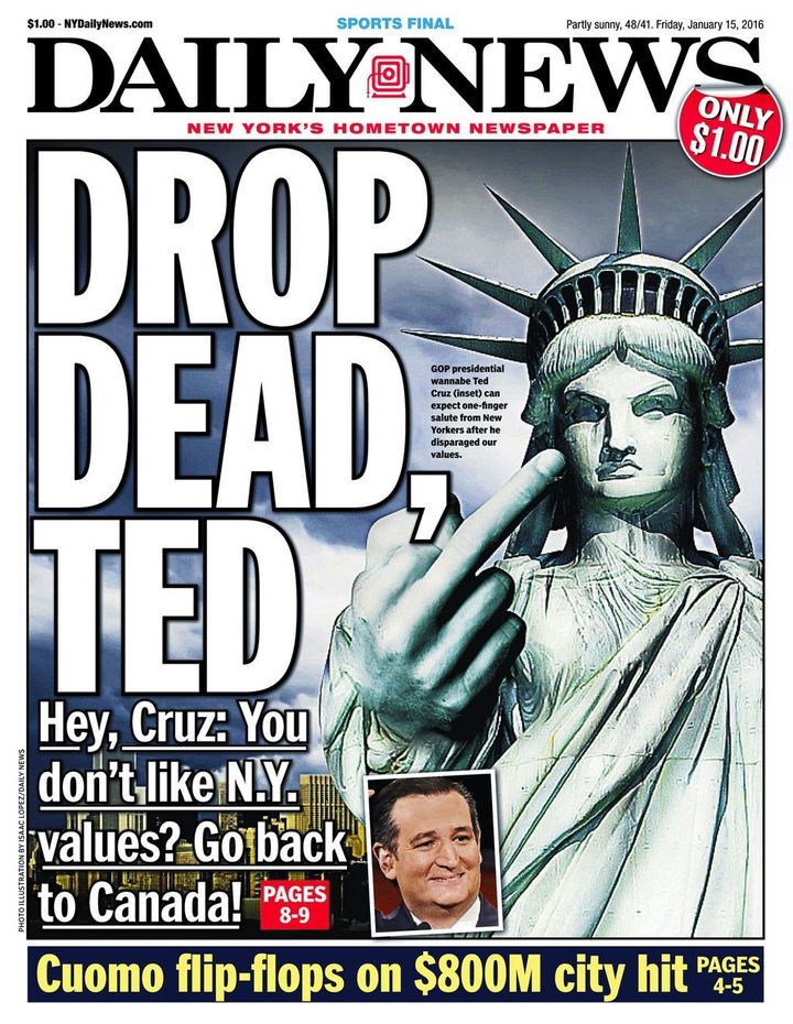 The New York Daily News has a pointed message for Ted Cruz, with Lady Liberty herself flipping off the GOP presidential contender. 