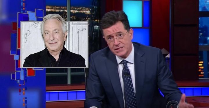 Late-night host Stephen Colbert delivers an emotional tribute to Alan Rickman.