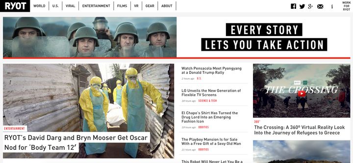 A screenshot of RYOT News' website. The company has partnered with The Huffington Post, The Associated Press and other organizations to create virtual reality films and documentaries.