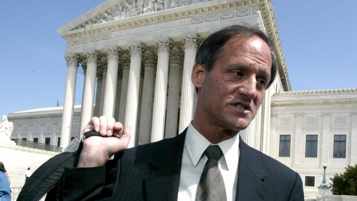 Michael Newdow, an atheist lawyer from California who challenged the Pledge of Allegiance, leaves the Supreme Court after a hearing in 2004.