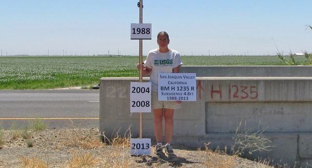 Federal policies regarding the use of groundwater is making the San Joaquin Valley floor sink further and further. A man measures land subsidence caused by groundwater draft at the San Joaquin Valley's Santa Rita Bridge.