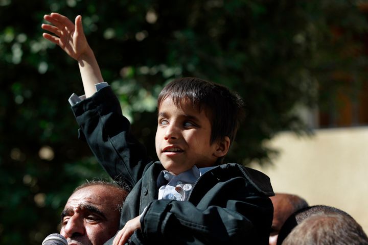 A blind child protests in Sanaa on Jan. 6 against the bombing that damaged the al-Noor Center for the Care and Rehabilitation of the Blind a day earlier.