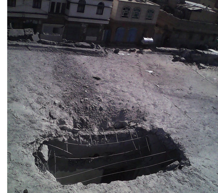 A photo taken the day of the strike shows the blast hole in the roof of the al-Noor Center.