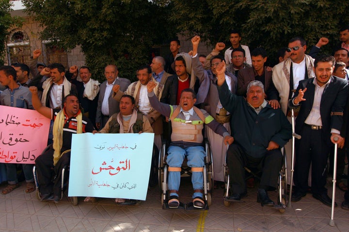 People with visual and physical disabilities protest the strike in Sanaa on Jan. 6.