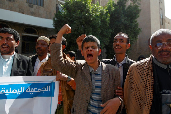 Yemeni adults who are blind express their anger and frustration the day after the center was bombed.