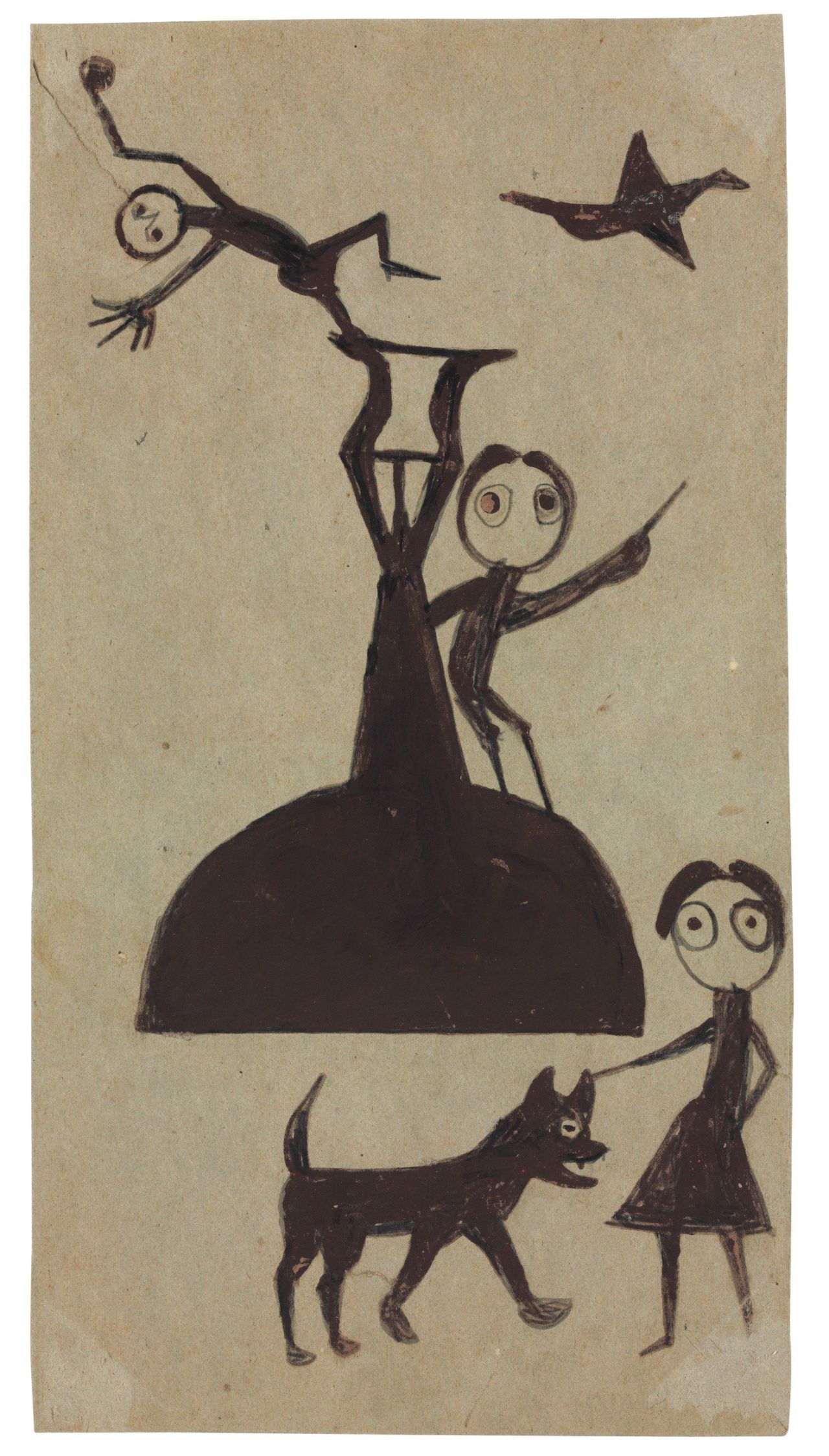 After a lifetime on a plantation, former slave Bill Traylor moved to Montgomery, Alabama. Crippled with rheumatism, he began to draw. This is one of Traylor's exciting events, as it includes multiple figures and animals interacting on and around an abstracted structural element.