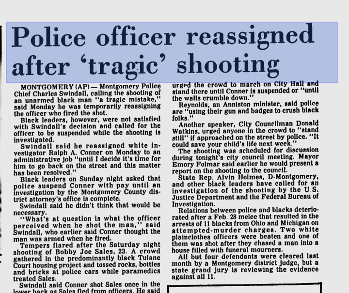 A 1983 Associated Press story discusses the police shooting of Bobby Joe Sales.