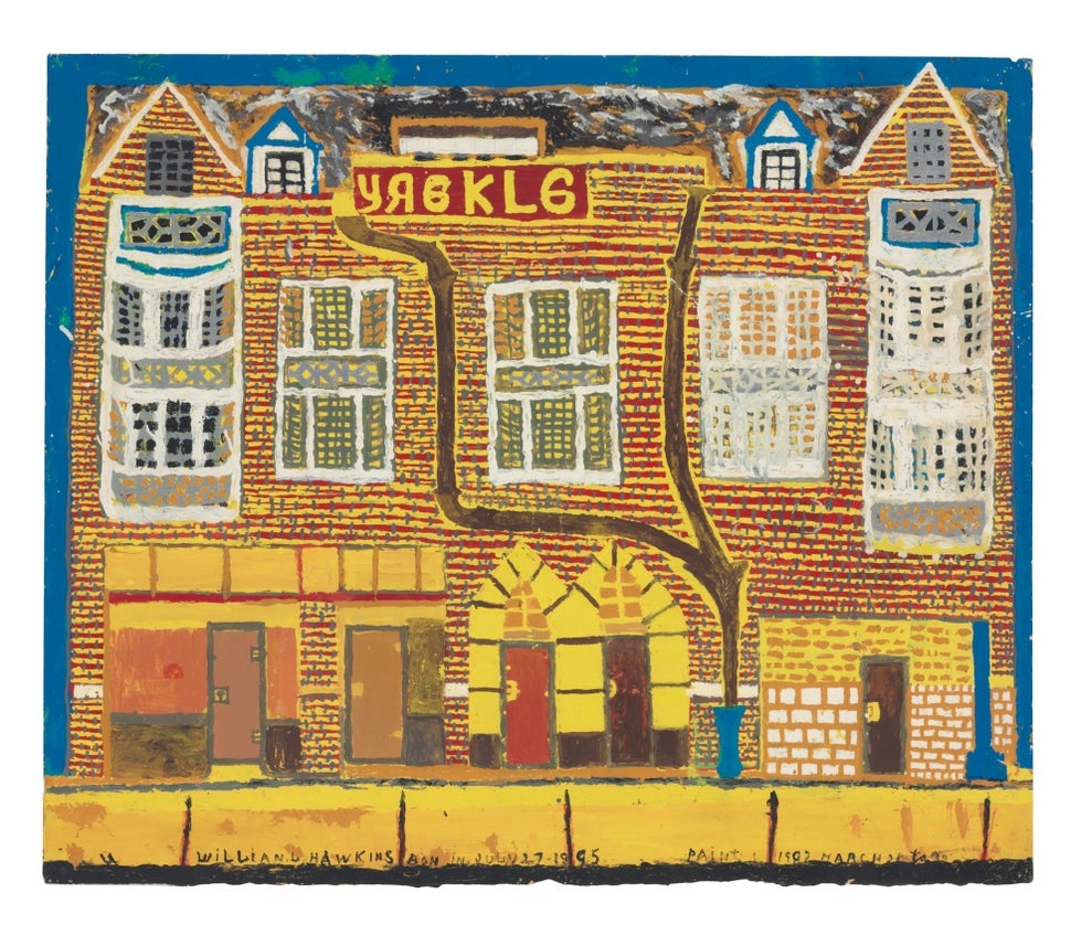 This is one of approximately five large-scale enamel-on-paper works completed by William Hawkins. The artist rendered three v