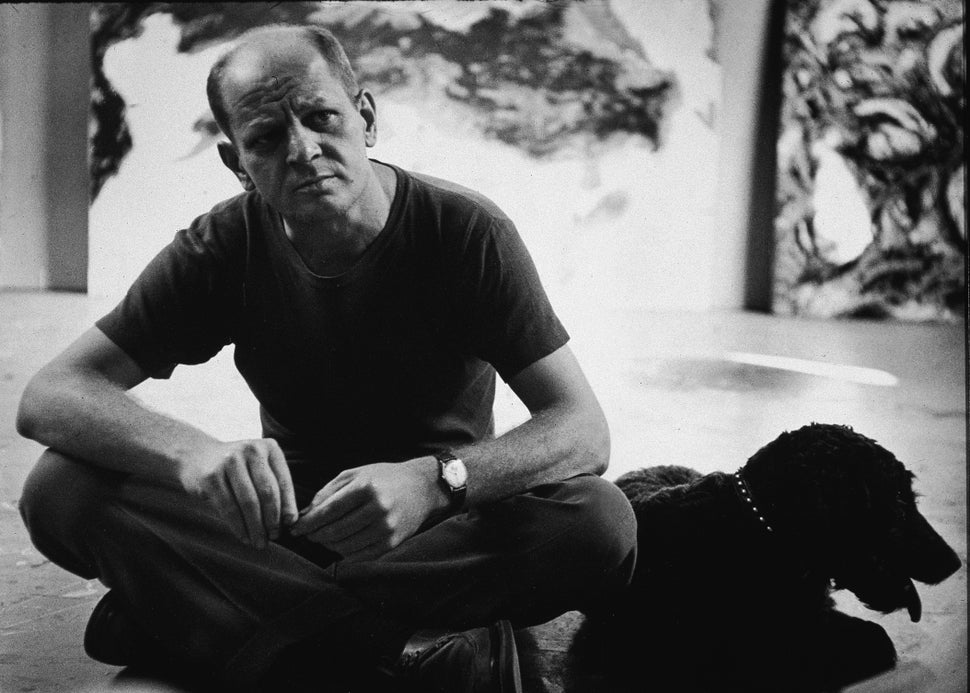American abstract expressionist painter Jackson Pollock (1912-1956) in his studio at 'The Springs,' East Hampton, New York, A