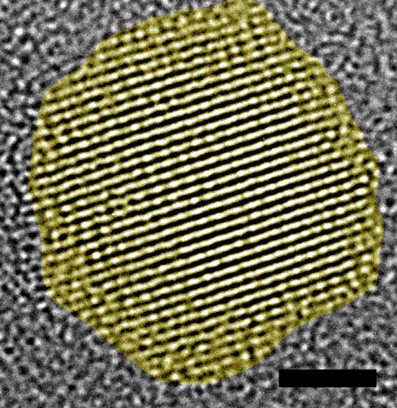 High-resolution electron micrograph of a cadmium telluride nanoparticle. Scale bar is 2 nanometers.