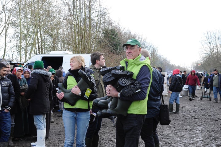 Georges Vanderbeke owns a rubber boot company in Belgium. He dropped off 1,500 defective pairs at Grande-Synthe for refugees living in the mud.