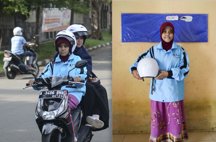 Syifa, one of the 450 women drivers, is seen carrying a customer, left, and at the company's head office in Jakarta, right.