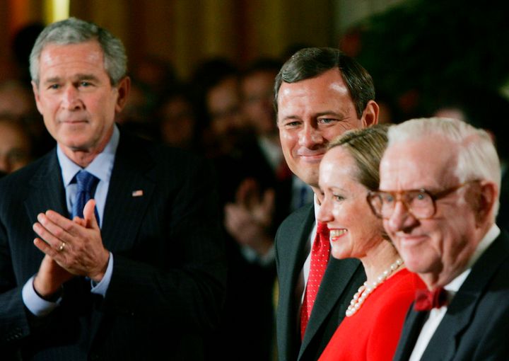 Stevens, then the senior justice on the court, waits at the White House to swear in John Roberts as chief justice of the U.S. Supreme Court in 2005.