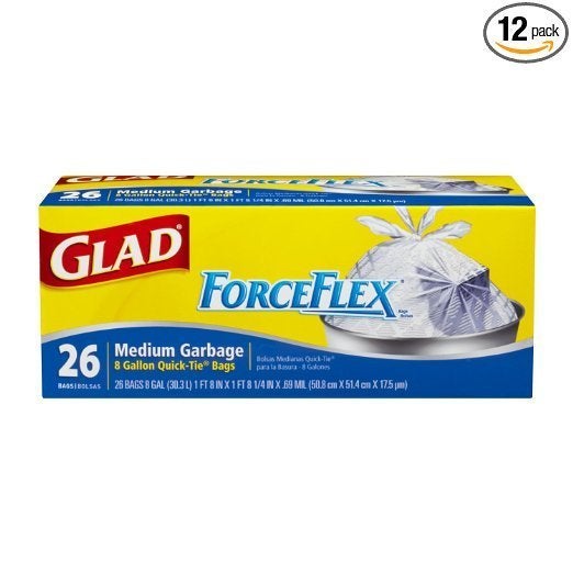 Glad ForceFlex Quick-Tie Medium Trash Bags, 8 gal, 26/Box