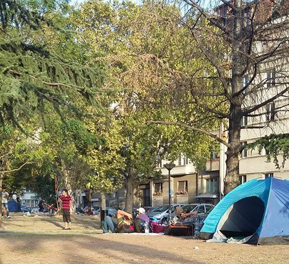 A photo of the encampments where migrants and refugees sheltered that Ayham saw along the way.