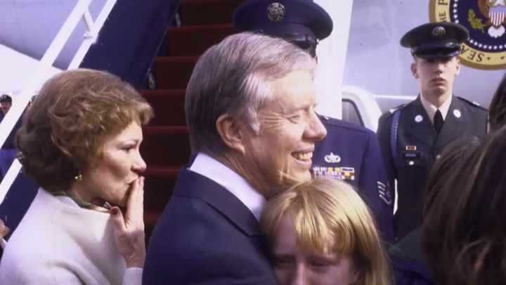 Jimmy Carter leaves Washington after Ronald Reagan's inauguration with a sense of elation, as that moment marked the end of a crisis that plagued Carter's presidency.