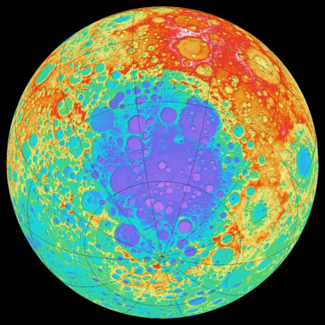 Color-coded topography of part of the Moon, mostly the far side, seen from above the South Pole-Aitken basin. Blue is lowest, red is highest.