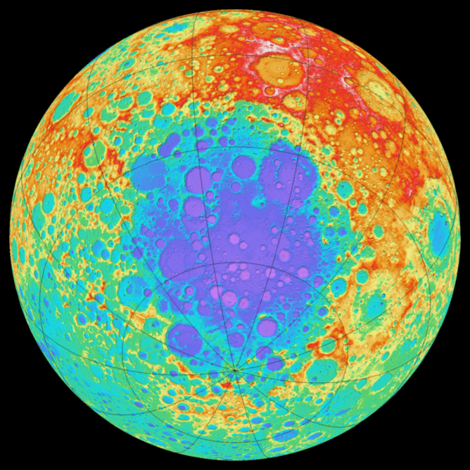 Color-coded topography of part of the Moon, mostly the far side, seen from above the South Pole-Aitken basin. Blue is lowest,