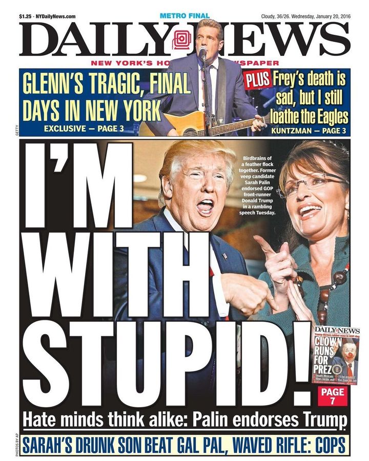 The New York Daily News shows how it feels about the Sarah Palin endorsement of Donald Trump. 