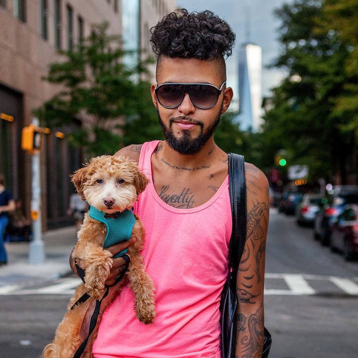 Yair + Cooper (West Village, Manhattan) "I just moved here from Florida a year ago, away from my immediate family. I still get really lonely sometimes so I decided to get myself a dog! He's been with me for about five months now, and he helps me with the loneliness and keeps me company."