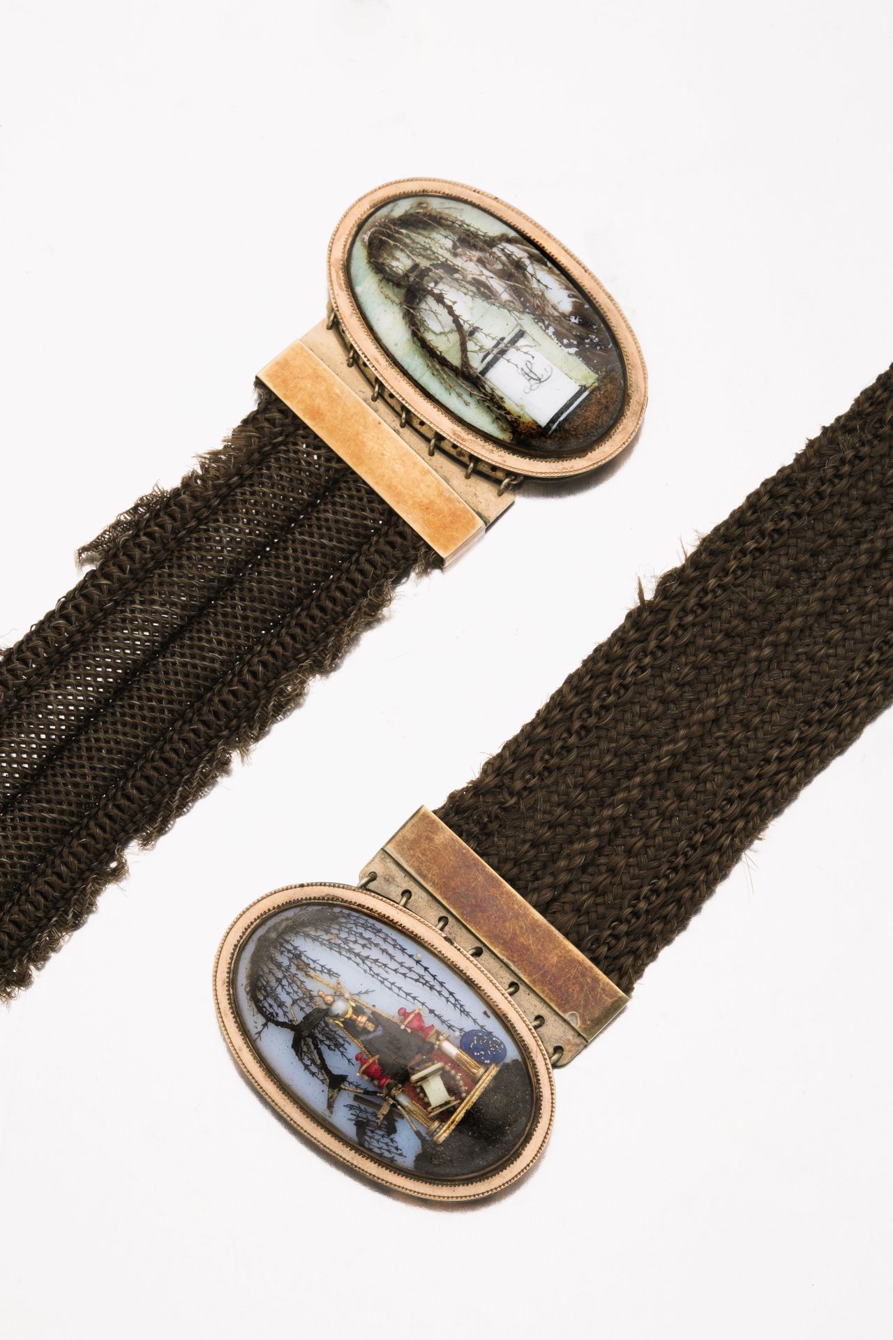 Pair Of American Gold And Hairwork Mourning Bracelets, Dated 1776 and 1792