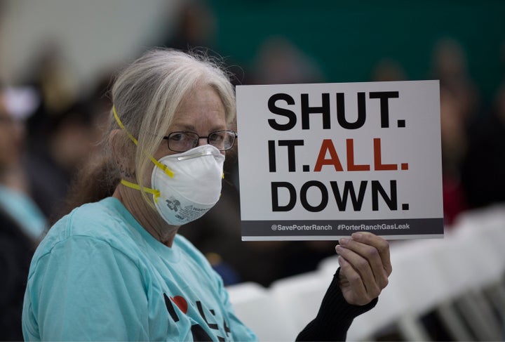 A woman attends a public hearing about the natural gas leak near Porter Ranch, California, on Jan. 16, 2016.