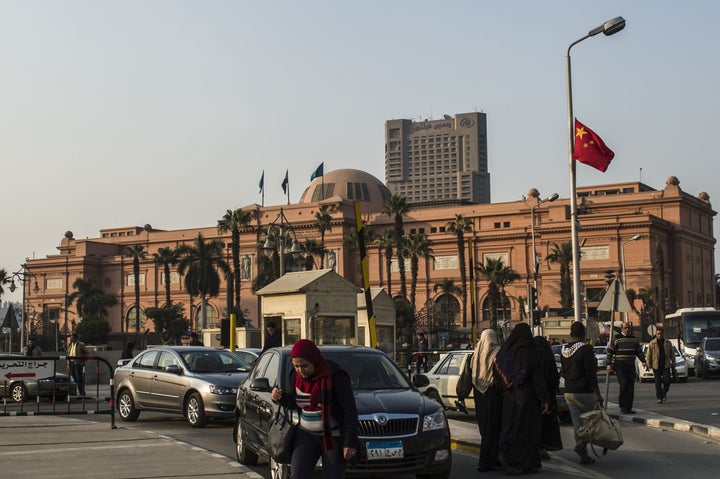 A Chinese national flag flutters in front of the Egypt Museum in Cairo.