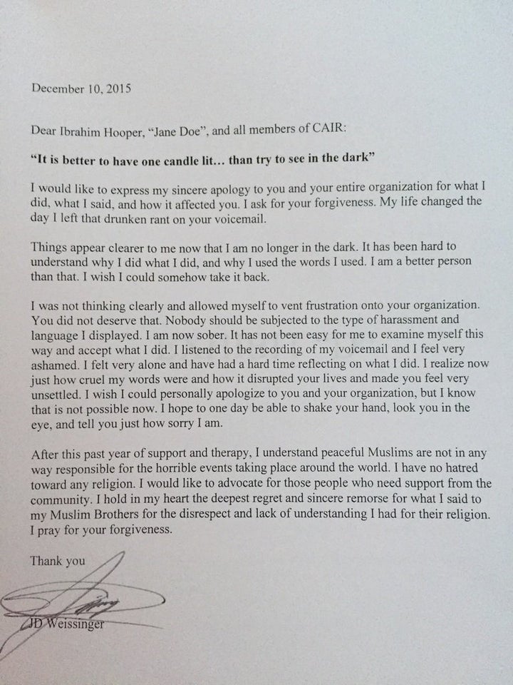 In a letter to the Council on American-Islamic Relations, dated Dec. 10, 2015, John David Weissinger expresses regret over th