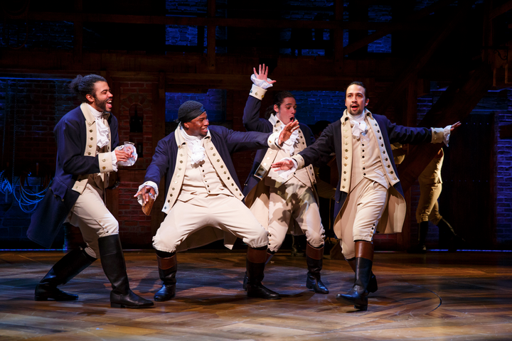 Actor Lin-Manuel Miranda, far right, as American revolutionary Alexander Hamilton.