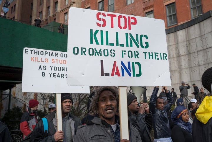 A protest outside the United Nations in New York City. Human Rights Watch claims the Ethiopian government has killed over 140 protesters in demonstrations over the Addis Abba expansion plan.