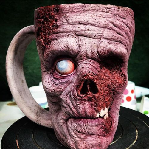 Trio of Eerie Hand-Built Zombie Mugs - Decorated with Apocalyptic Zombie factory Lesions - Punk Rock Mugs, American Studio Arts Movement