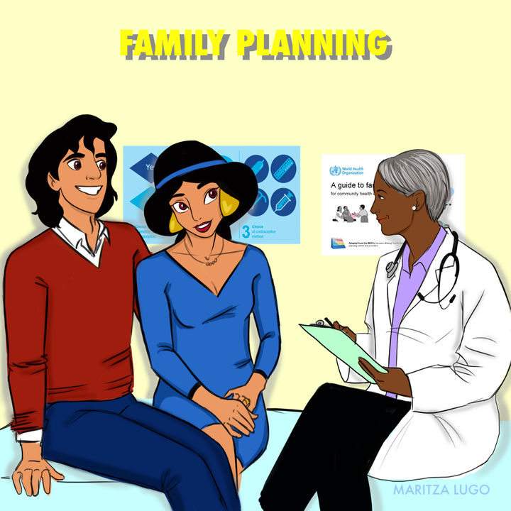 Congrats! Princess Jasmine and her husband Aladdin are expecting! They're talking options and family planning through with their doctor.