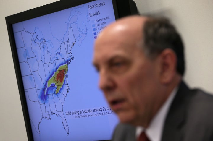 Director Louis Uccellini speaks during a news conference on a winter storm forecast January 21, 2016 at the NOAA Center for Weather and Climate Prediction in College Park, Maryland.