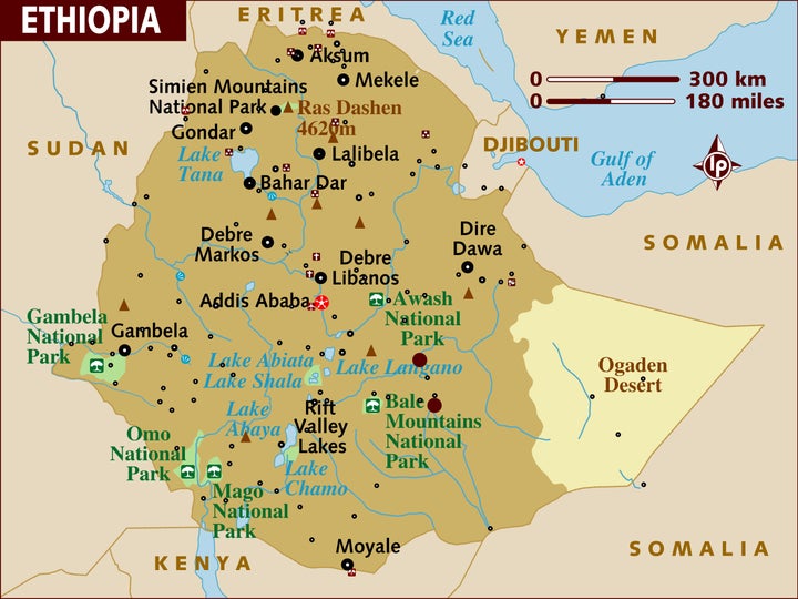 A map of Ethiopia, which shows the capital of Addis Ababa. The Oromia region makes up two-thirds of the country, and surrounds the capital.