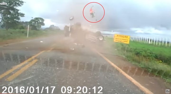 A man is seen being ejected out of a car like a rocket in Brazil as the rolling vehicle flies off the road.