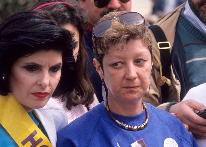 Civil Rights Attorney Gloria Allred and Norma McCorvey attend the NOW's 'March for Women's Equality/Women's Live' Pro-Choice Rally in April 1989 in Washington, DC.