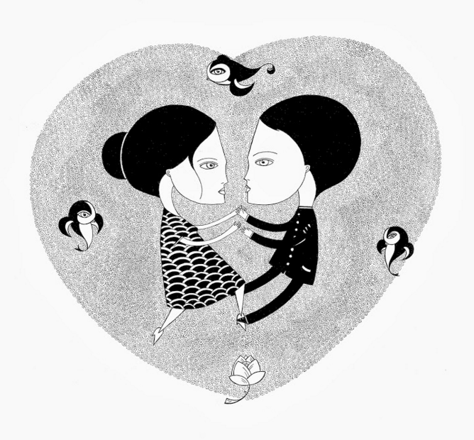 A quintessential Le Chevalier drawing of two black-and-white figures holding hands inside of a heart.