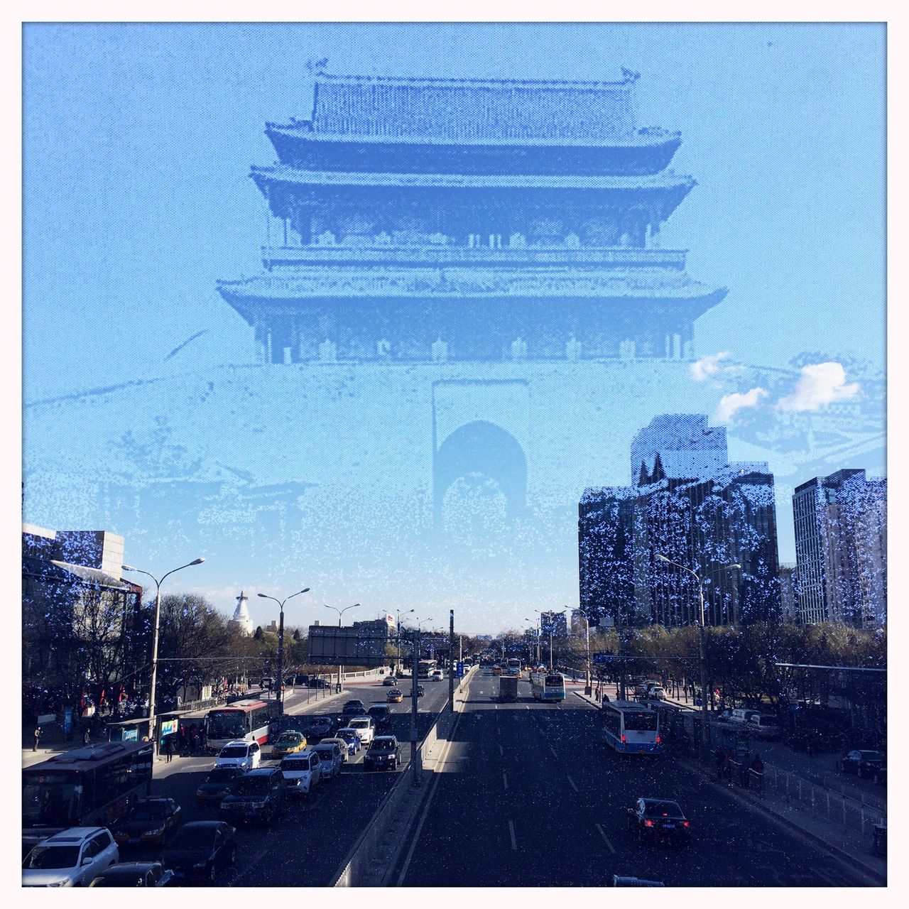 Beijing-based photographer Simon Song superimposed images of China's ancient monuments onto images of modern-day Beijing to show where the structures would have been had they not been demolished.The Fuchengmen Gate Tower, which was destroyed in 1965, is superimposed on an image of Fuchengmen area, now home to many restaurants and shops.